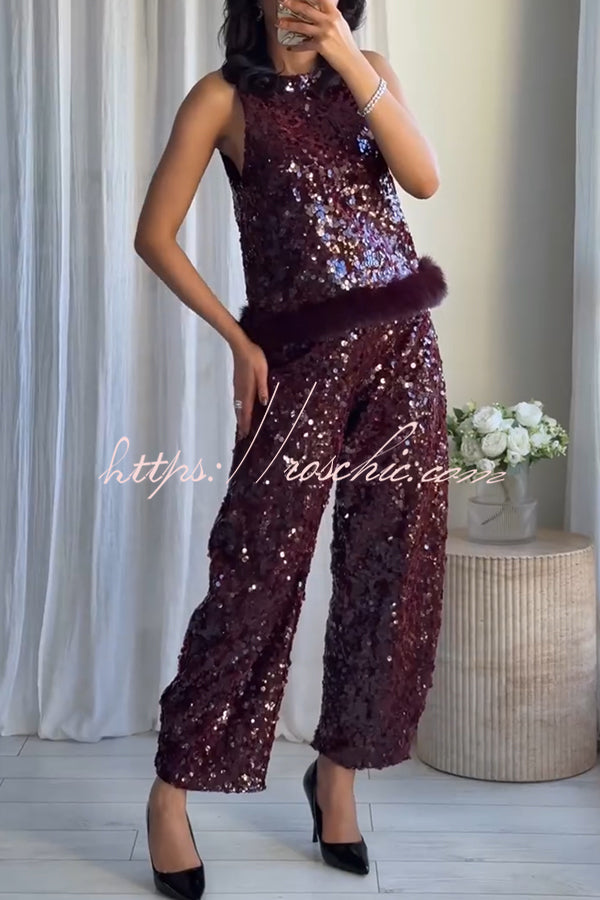 Gala Goddess Sequin Faux Fur Trim Crew Neck Sleeveless Loose Top