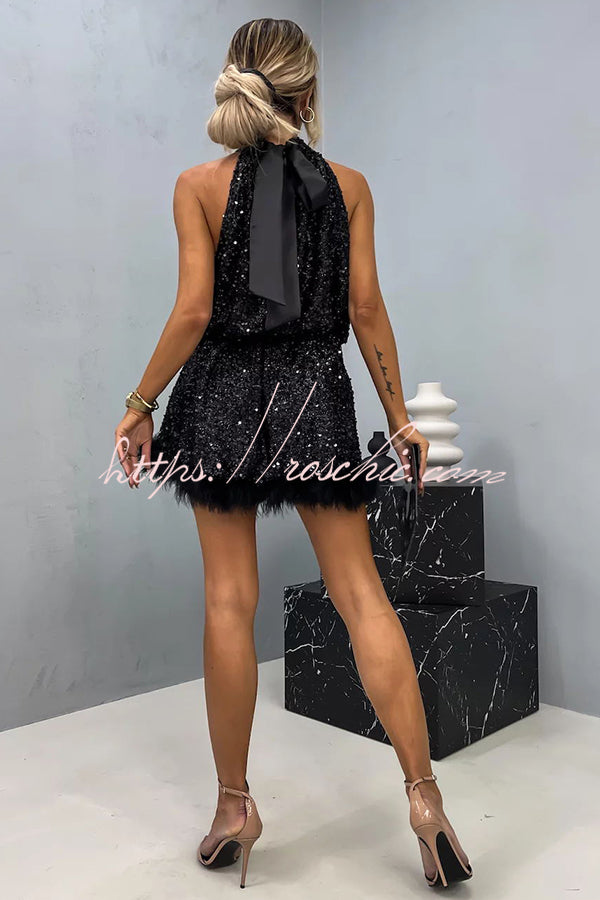 page sequin babydoll mini dress It's Time To Dance Sequin Feather Trim Halter Babydoll Mini Dress – roschic