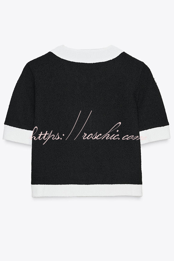 Fashionable Contrast Color Knitted Short-sleeved Button-down Top