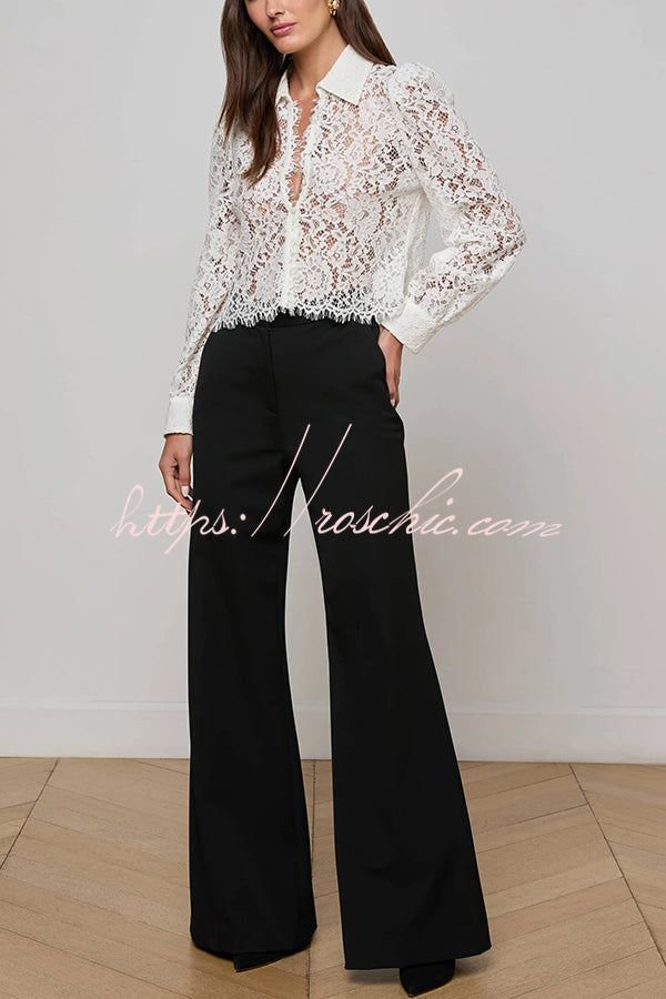 Paris Trends Floral Lace Puff Shoulder  Button Long Sleeve Blouse