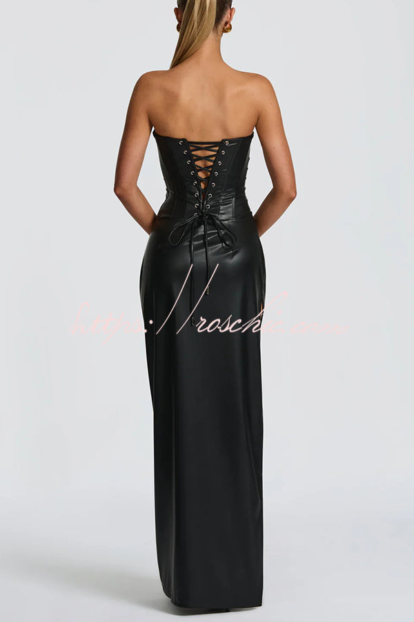 Alba Faux Leather Pleated Off Shoulder Neck Slit Stretch Maxi Dress