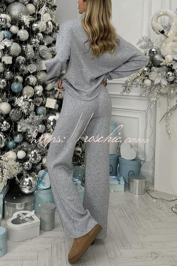 Solid Color Casual Knitted High Neck Long Sleeve Top and Elastic Waist Loose Pants Set