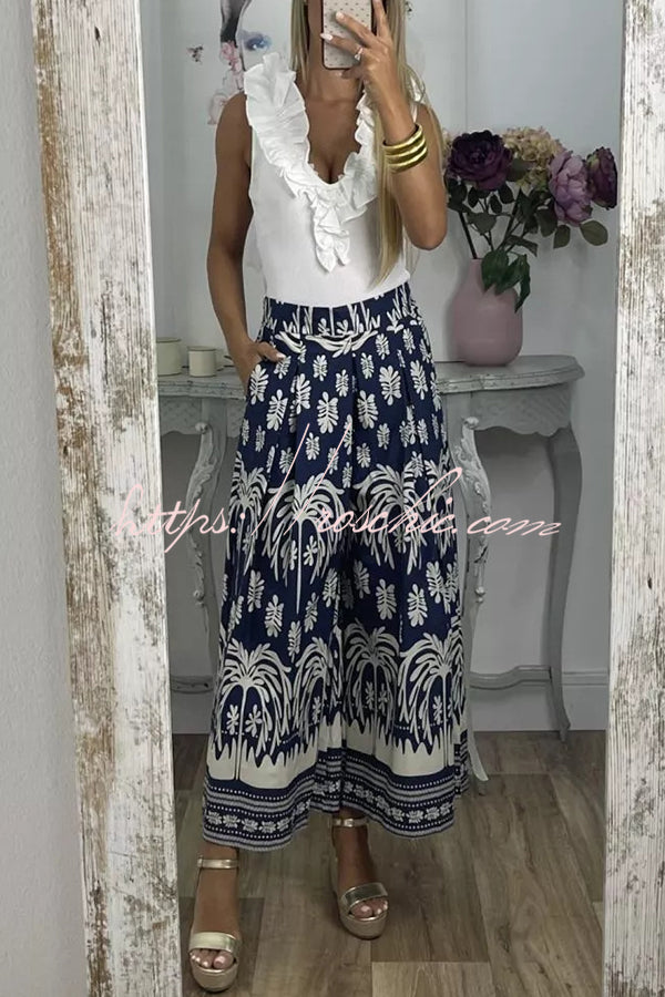 Unique Print Elastic Waist Loose Pocket Holiday Wide Leg Pants