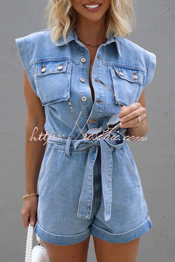 District Utility Denim Button Up Pocket Belted Romper