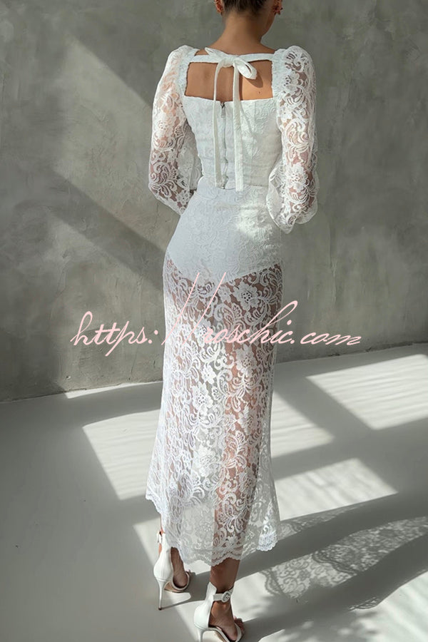 Timeless Moment Floral Lace Square Neck Button Up Balloon Sleeve Top