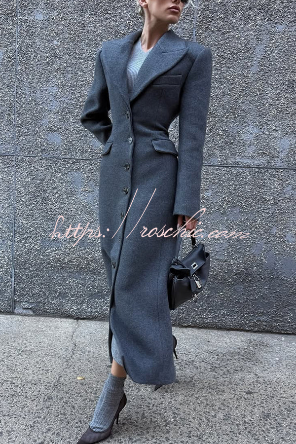 Elegant Lapel Long Sleeve Button High Waist Long Coat
