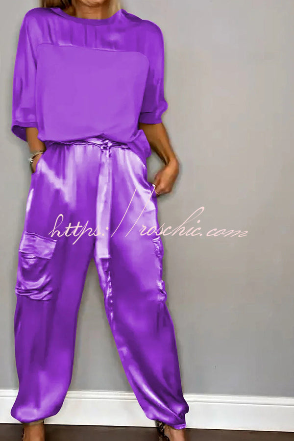 Calissa Smooth Satin Half-sleeved Top and Elastic Waist Pocket Pants Set