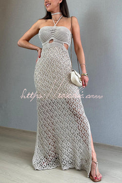 Sunset Beach Stroll Knit Texture Cutout Detail Halter Stretch Maxi Dress