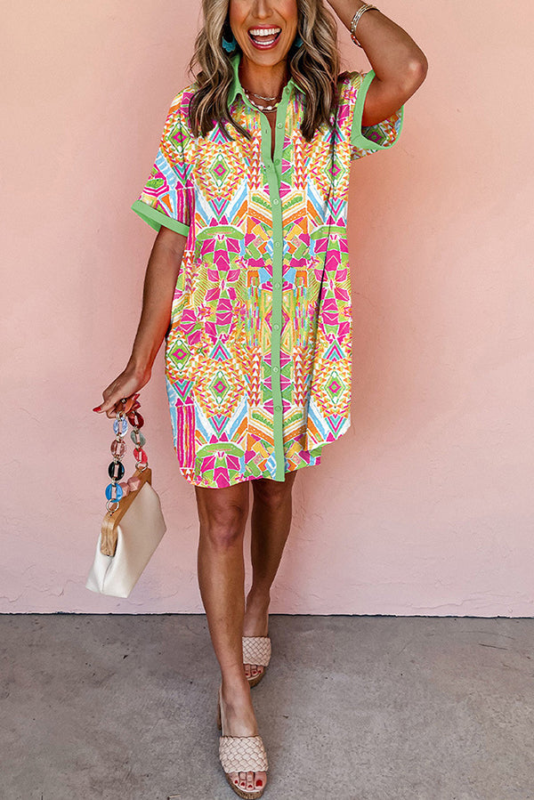 Unique Print Lapel Short Sleeve Single Breasted Loose Mini Dress