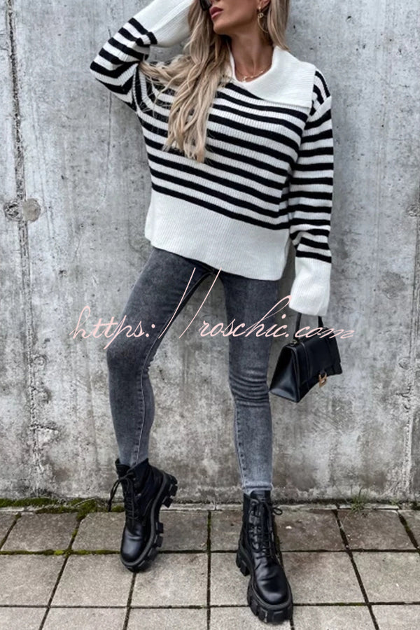 Irregular Lapel Contrast Striped Knitted Long Sleeved Sweater