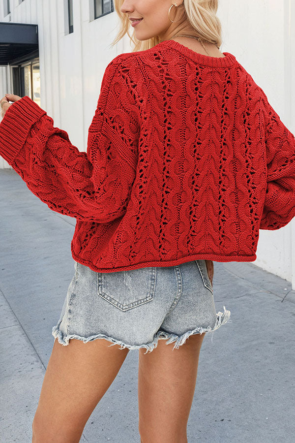 Solid Color Loose Long-sleeved Openwork Cable Knit Sweater