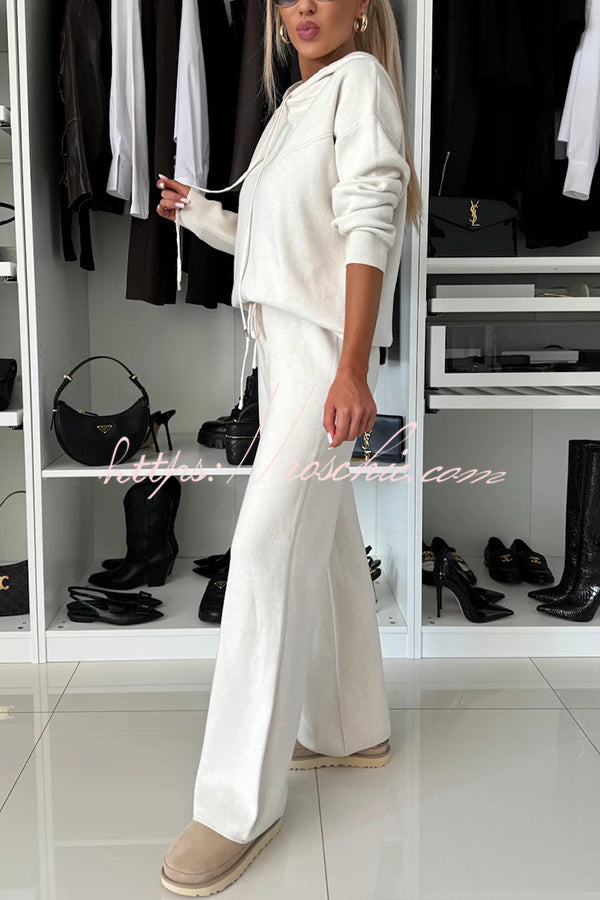 Solid Color Loose Hooded Tie Sweatshirt and Elastic Waist Casual Straight Pants Set