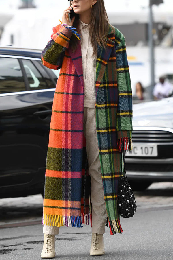 Fashionable Color-block Plaid Print Lapel Long-sleeved Casual Long Coat