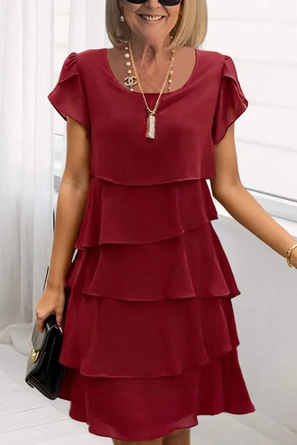 Solid Color Round Neck Short Sleeve Casual Multi-Layered Mini Dress – roschic