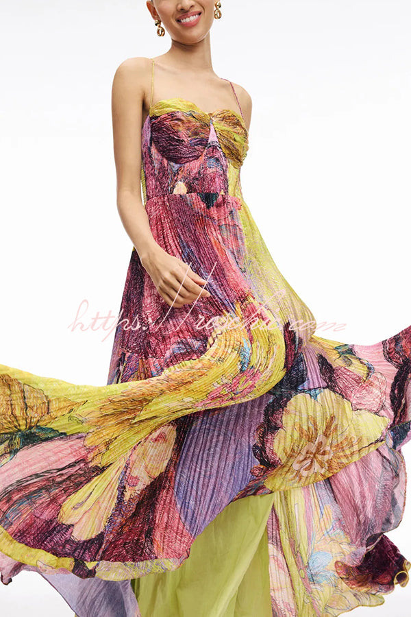 Vibrant and Bold Floral Print Sweetheart Neck Pleated Maxi Dress – roschic