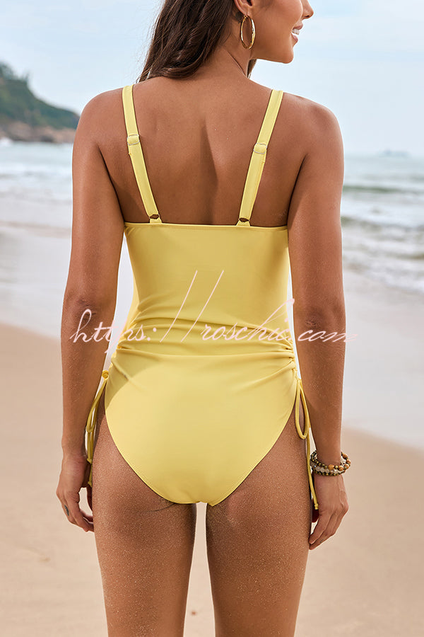 Solid Color Drawstring Waist Mesh One-Piece Bikini Swimsuit