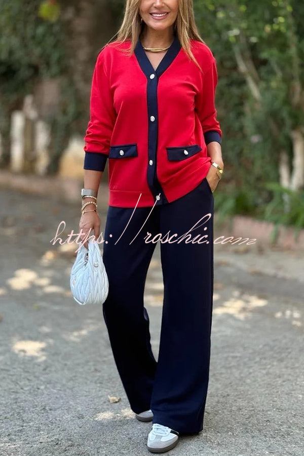 Stylish Color-blocked V-neck Knitted Button-down Cardigan and Elastic Waist Casual Wide-leg Pants Set