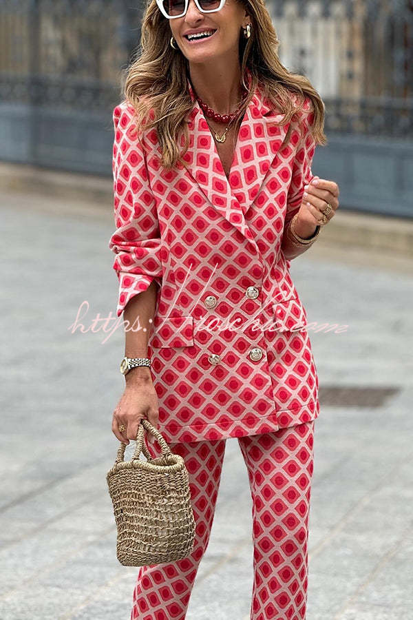 Chic Lady Unique Print Metal Button Pocketed Lapel Blazer and Elastic Waist Flare Pants Set