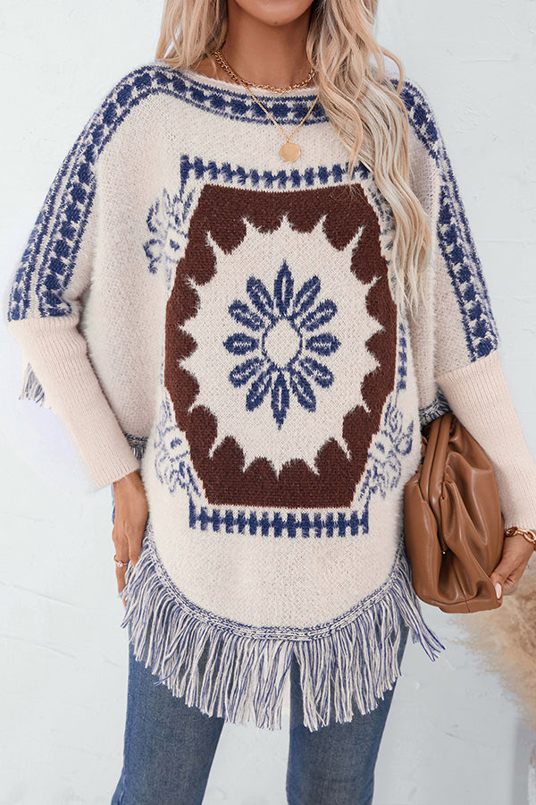 Ethnic Style Loose Long-sleeved Tassel Hem Knitted Sweater