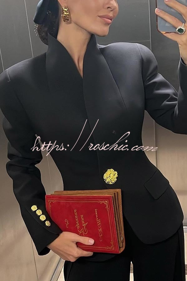 Classic Luxury Unique Metal Button Stand Collar Long Sleeve Blazer