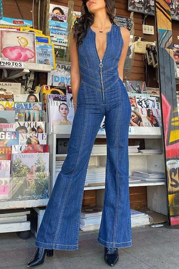 Fashionable Heart Hollow Back Slim High Waist Flared Denim Jumpsuit