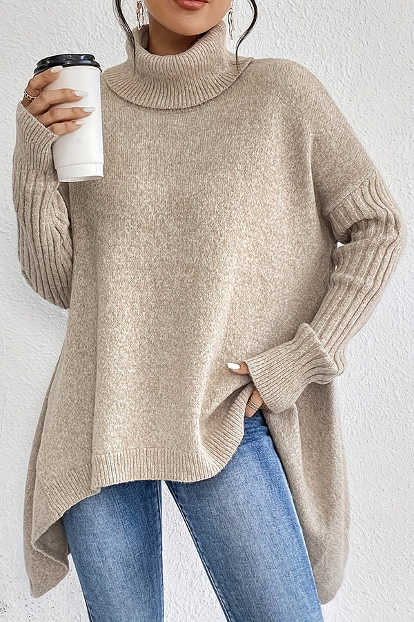 Solid Color High Collar Long Sleeve Loose Knitted Sweater