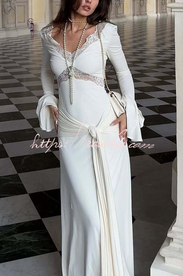 Fashion Lace Splicing Sexy V-neck Long-sleeved Slim Maxi Dress
