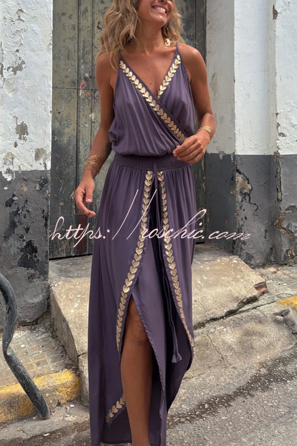 Tamia Gold Trim Elastic Waist Slit Wide Leg Slip Jumpsuit