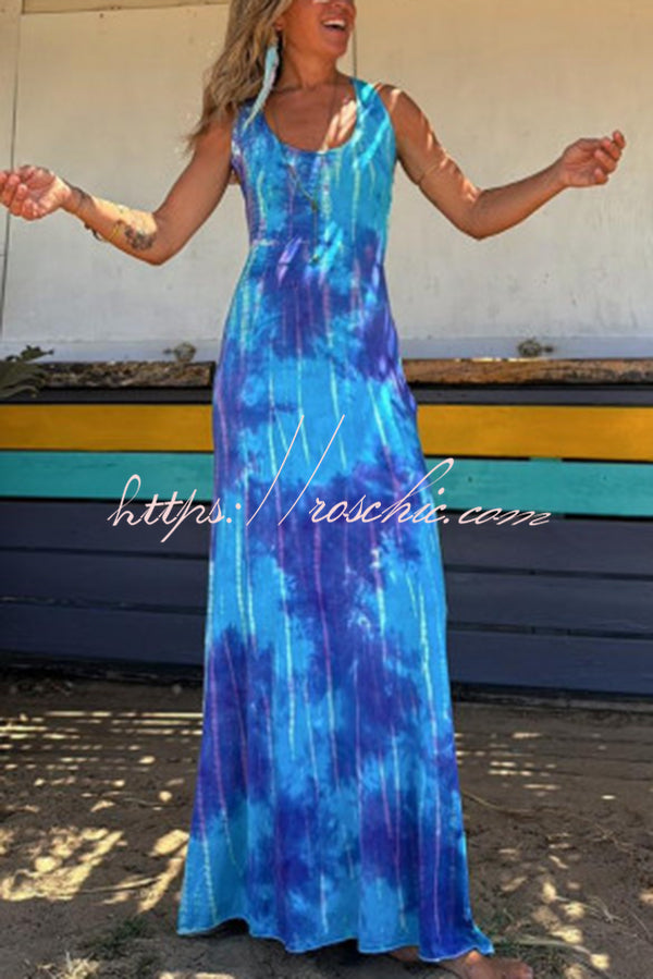 La Bamba Tie-dye Print Back Lace-up Stretch Maxi Dress