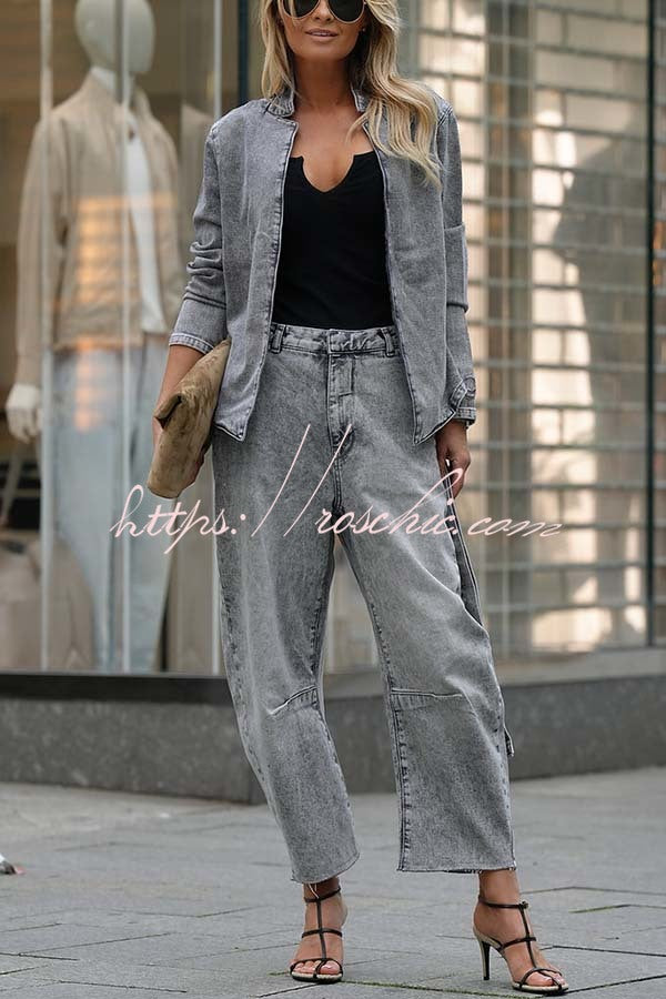 Casual Meetup Washed Denim Mid Rise Pocketed Barrel Jeans