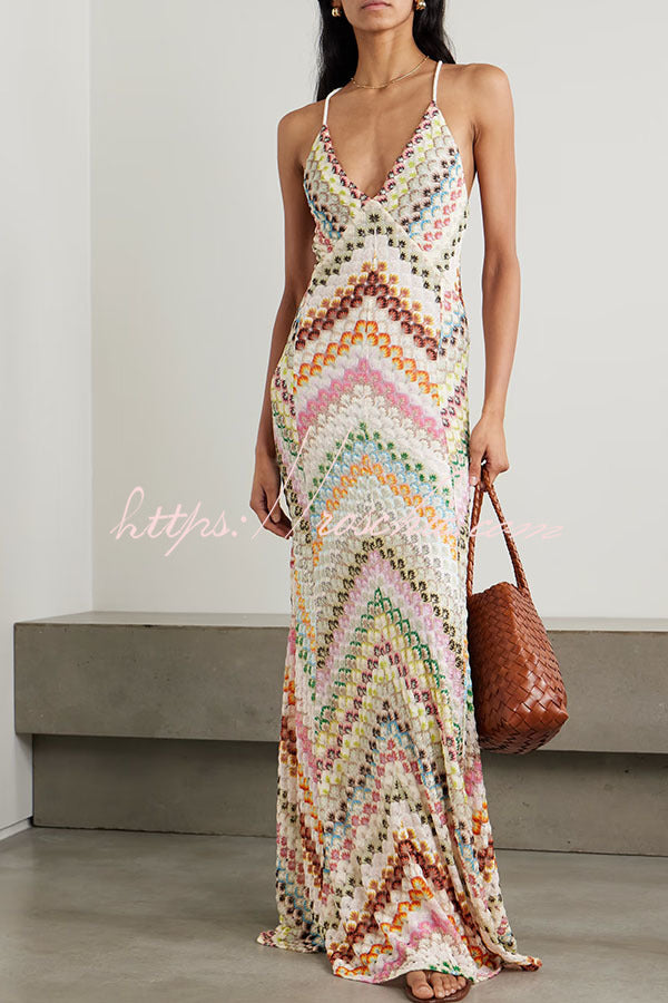 Missoni Summer Knit Colorful Herringbone Print Open Beck Maxi Dress roschic Missoni Summer Knit Colorful Herringbone Print Open Beck Maxi Dress roschic