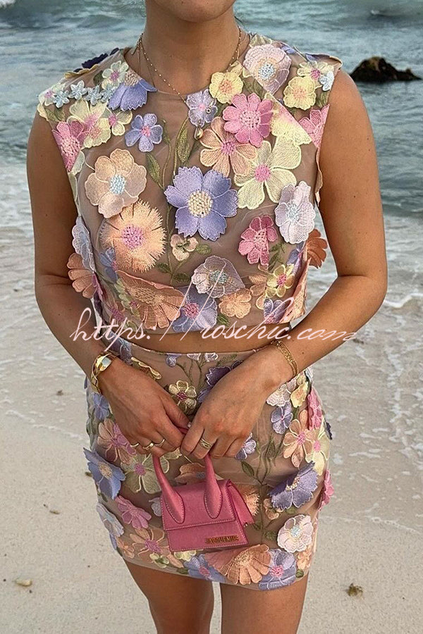 Sunday Charm Embroidered Floral Applique Crop Top and High Rise Mini Skirt Set