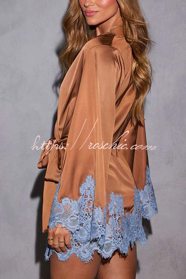 Joyful Bond Satin Lace Trim Contrast Color Bell Sleeve Tie-up Kimono Mini Dress