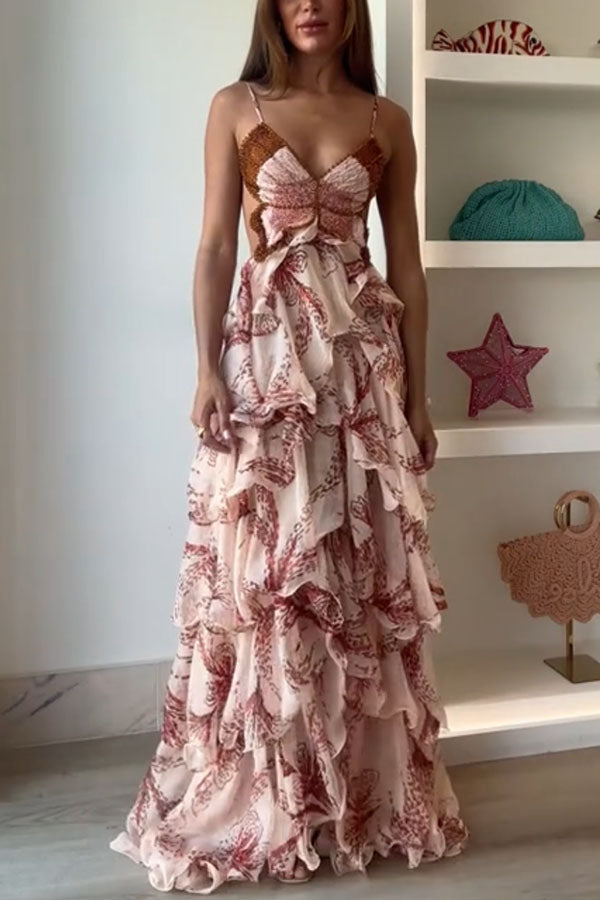 Ariae Butterfly Print Multi-layered Ruffles Backless Tie-up Maxi Dress, Red / S Ariae Butterfly Print Multi-layered Ruffles Backless Tie-up Maxi Dress, Red / S
