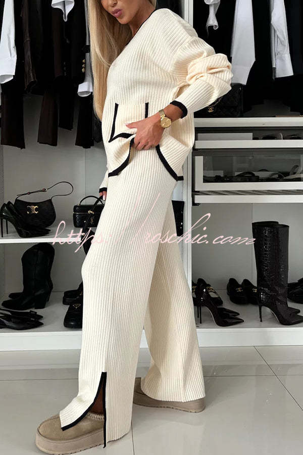 Warm Embrace Knit Ribbed Colorblock Trim Pocket Top and Stretch Slit Pants Set