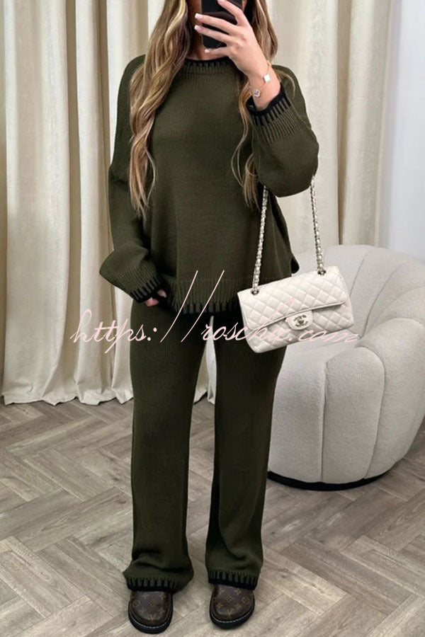 Life Memories Knit Contrast Stitch Trim Pullover Sweater and Stretch Loose Pants Set