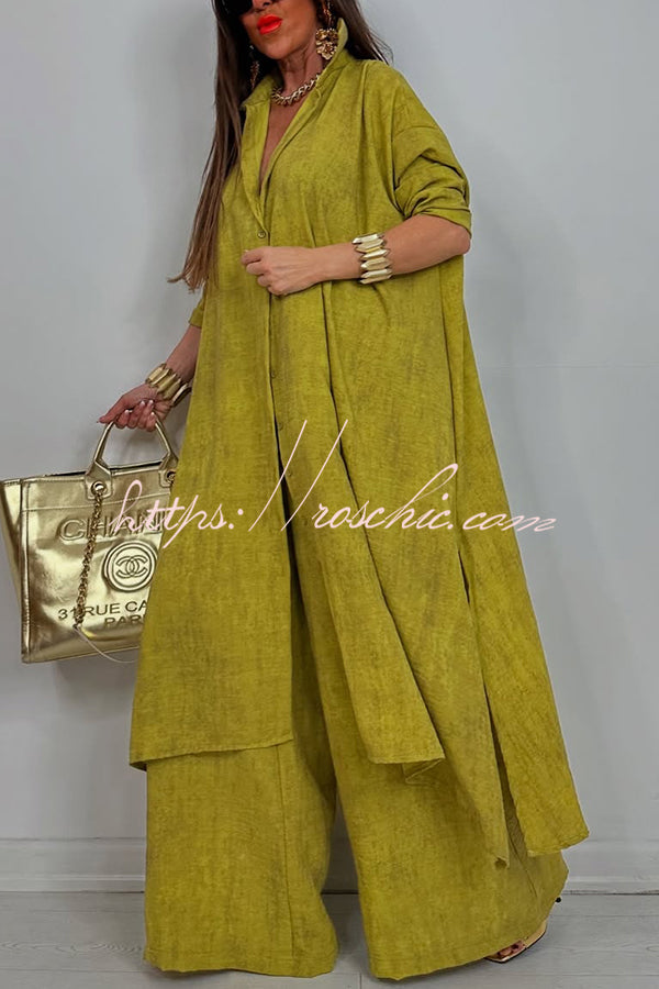 Solid Color Casual Loose Long Shirt and Elastic Waist Pocket Wide Leg Pants Set