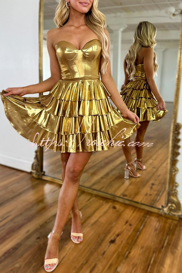 Like A Princess Metallic Fabric Off Shoulder Layered Rusffles Mini Dress