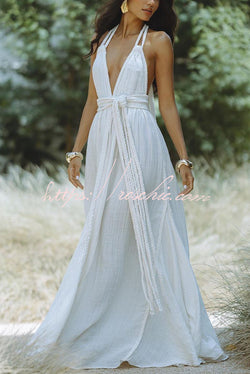 Summer Whispers Linen Blend Draped Braids Deep V-neck Halter Backless Cover Up Maxi Dress, White / L/XL Summer Whispers Linen Blend Draped Braids Deep V-neck Halter Backless Cover Up Maxi Dress, White / L/XL
