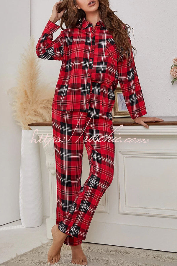 Christmas Plaid Print Pocket Button Pajama Set