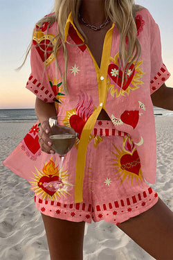 Beach Heart Print Loose Button Elastic Waist Shorts Set