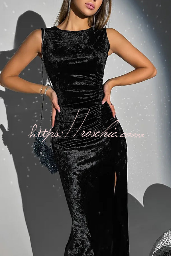 Solid Color Velvet Round Neck Sleeveless Slim Slit Maxi Dress