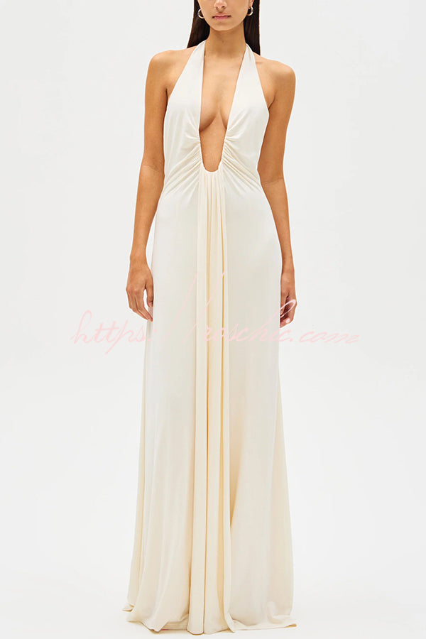 Sexy Silhouette Deep U-neck Halter Waterfall Sash Drape Maxi Dress