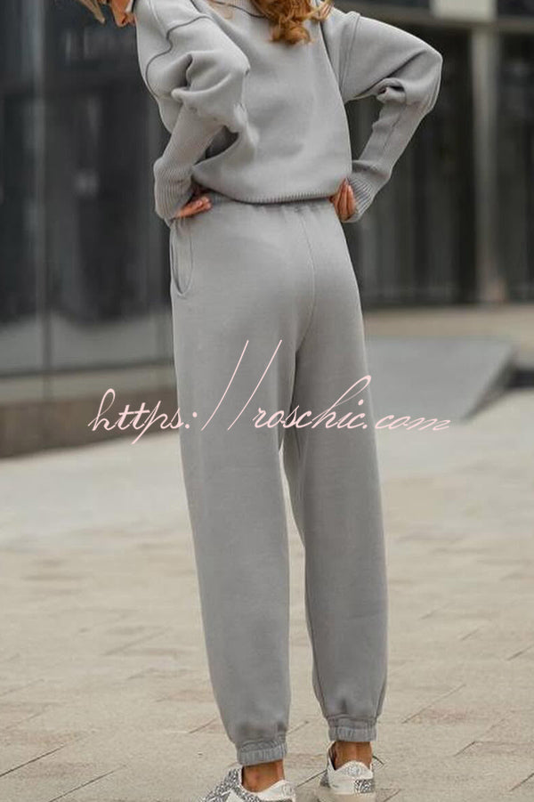 Solid Color Long-sleeved Zip-up Sweatshirt and Elastic Waist Loose Pocket Pants Set