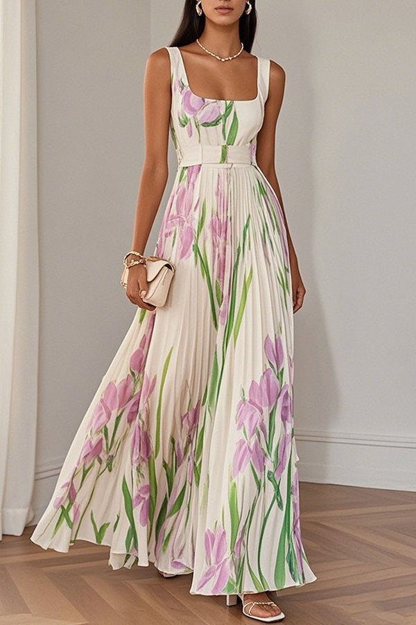 Floral Print Square Neck Suspender Pleated Maxi Dress