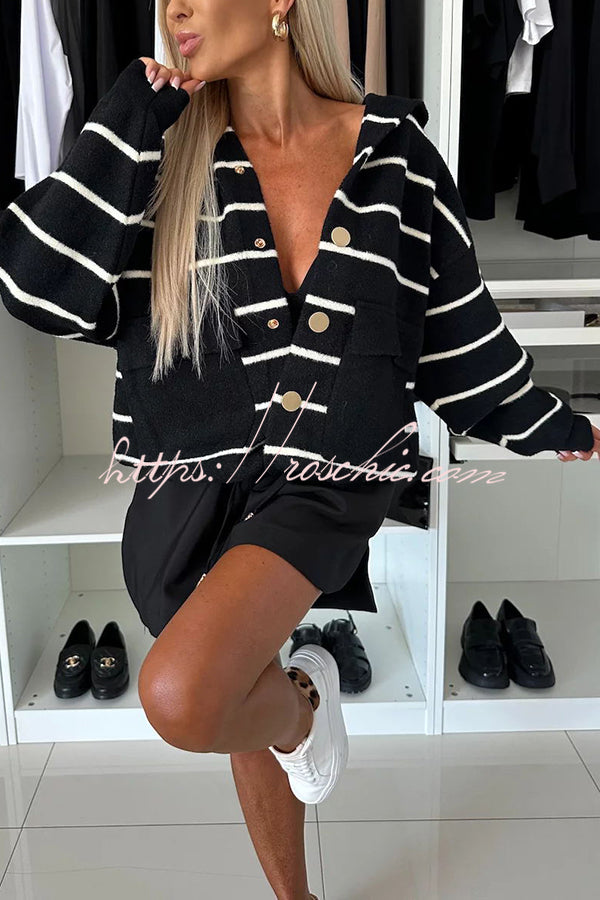 Fashion and Comfort Knit Striped Button Up Pocketed Loose Hooded Cardigan