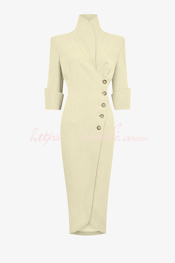 Elegant Look Linen Blend Stand Lapel Neck Half Sleeve Side Button Midi Dress