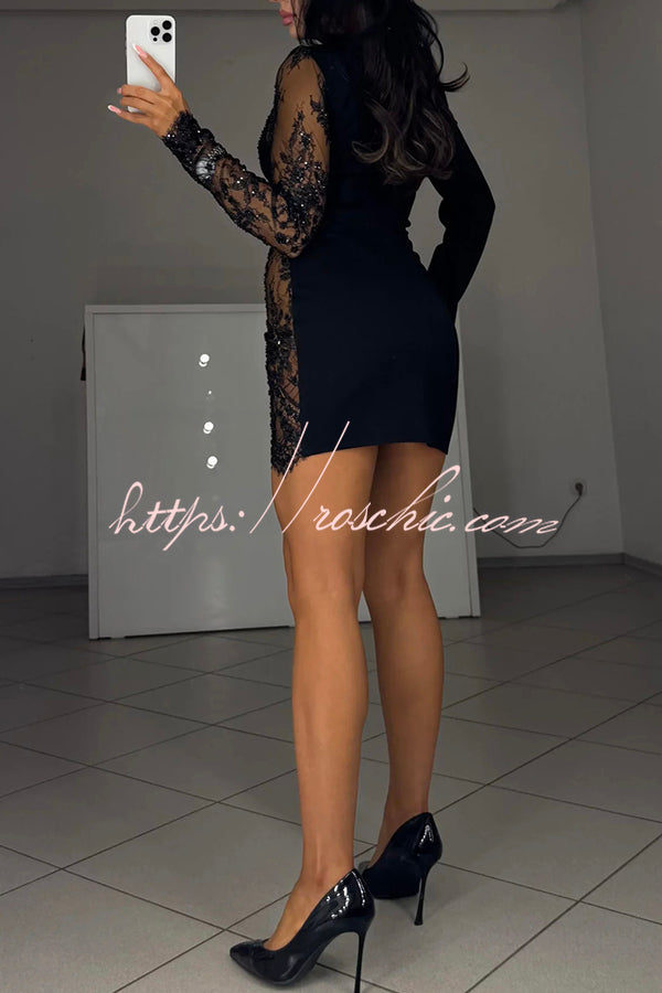 Cocktails First Floral Sequin Bead Patchwork Long Sleeve Mini Dress