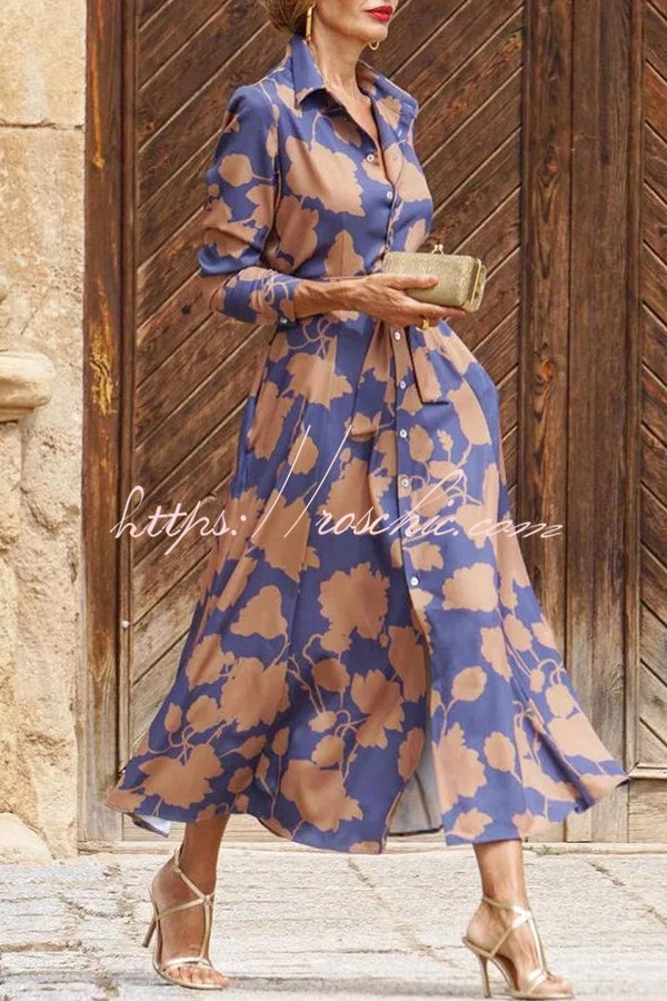 Lapel Floral Print Lace Up Buttoned Pockets Long Sleeve Midi Dress