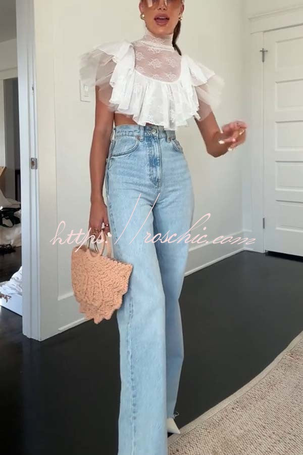 Kathlyn Lace Layered Tulle High Neck Ruffle Cropped Top